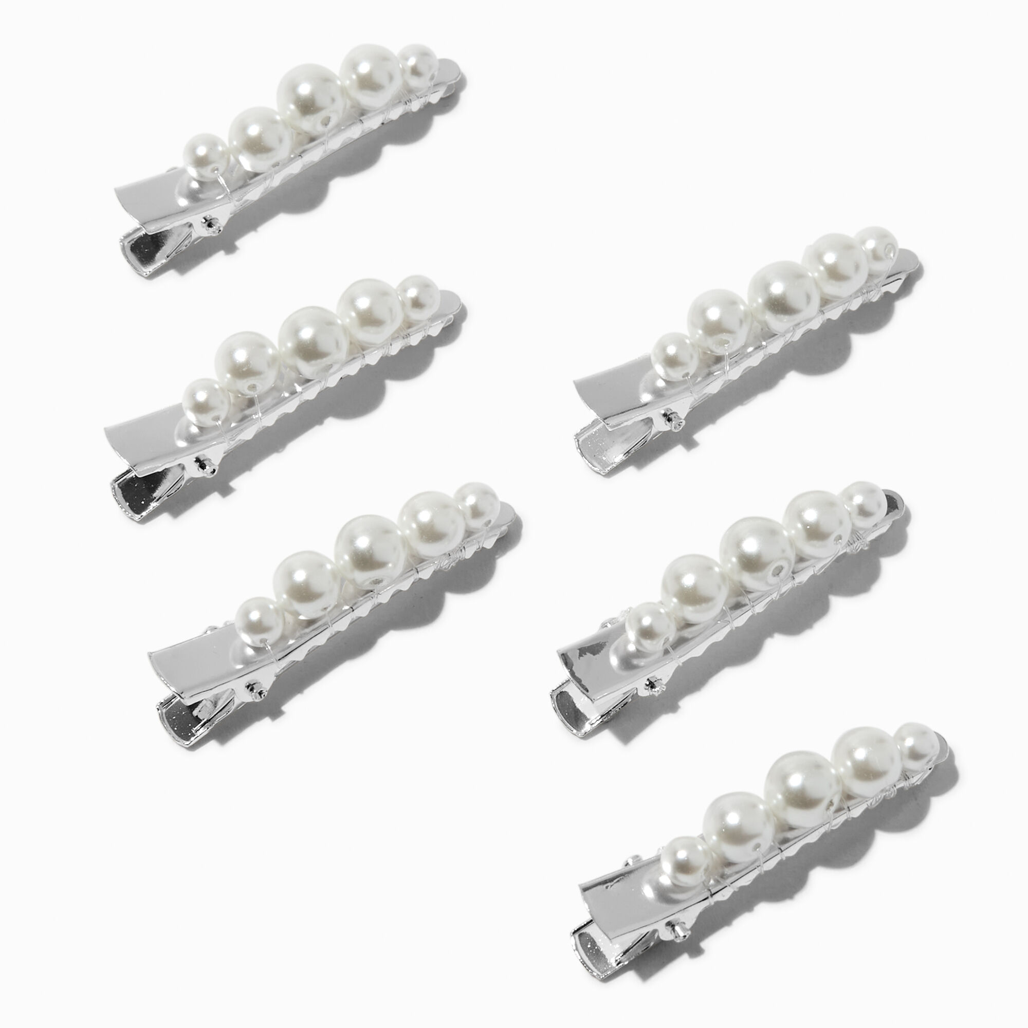 View Claires Tone Pearl Embellished Hair Clips 6 Pack Silver information
