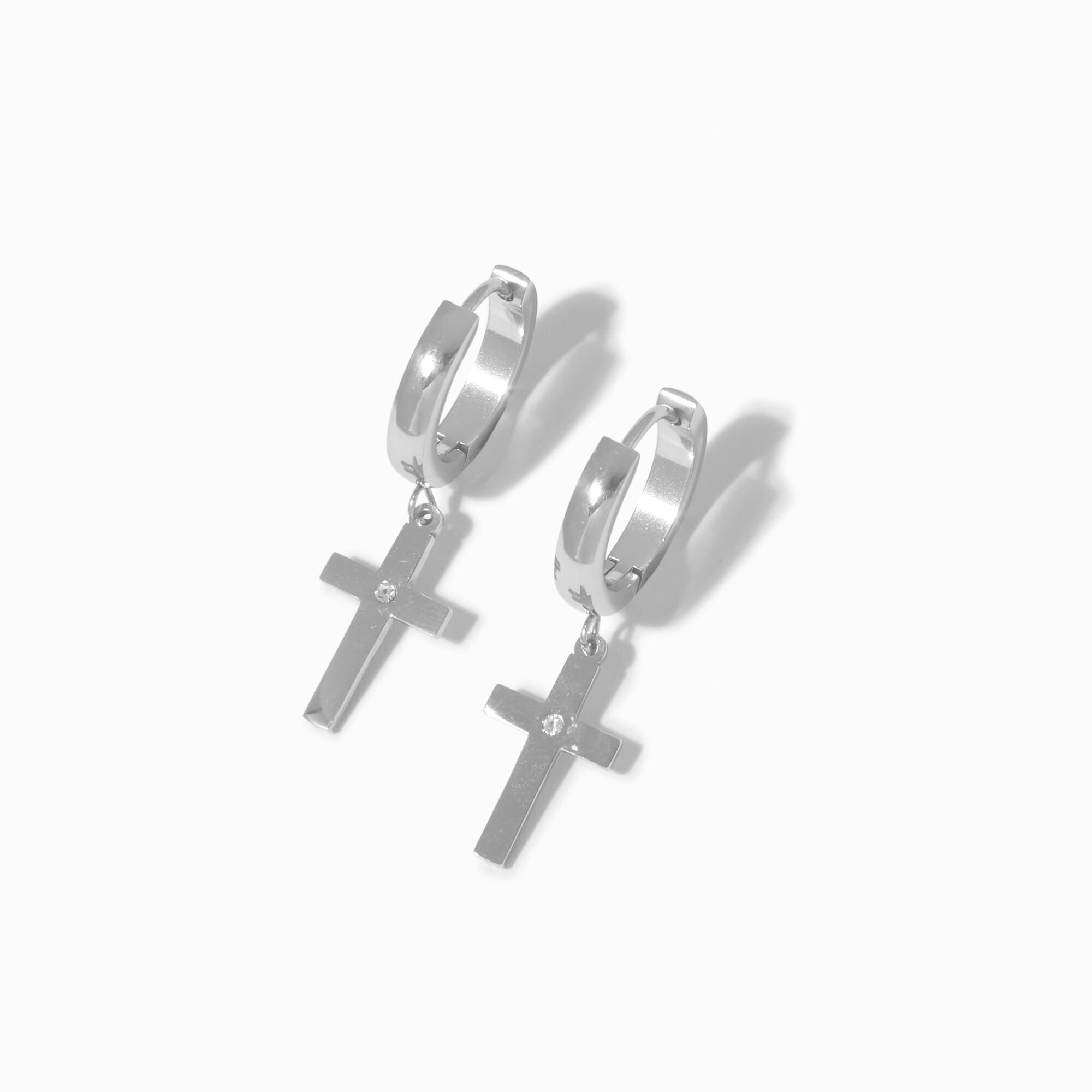 View Claires Tone Stainless Steel Cubic Zirconia 15MM Cross Huggie Hoop Earrings Silver information