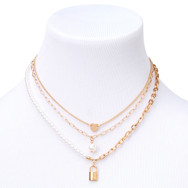 Gold Padlock and Pearl Multi Strand Pendant Necklace,
