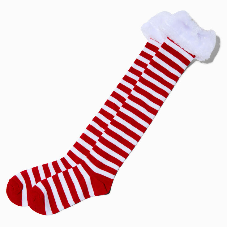 Furry Trim Red & White Striped Over the Knee Socks | Claire's US