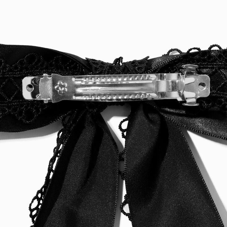 Black Satin Lace Trim Long Tail Hair Bow Clip,