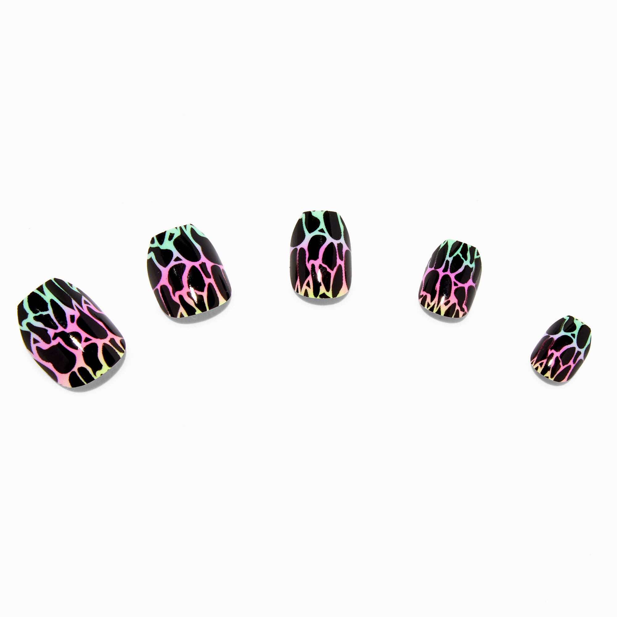 Faux ongles vegan autocollants carrés craquelés arc-en-ciel - Lot de 24,