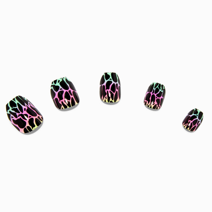 Faux ongles vegan autocollants carr&eacute;s craquel&eacute;s arc-en-ciel - Lot de 24,