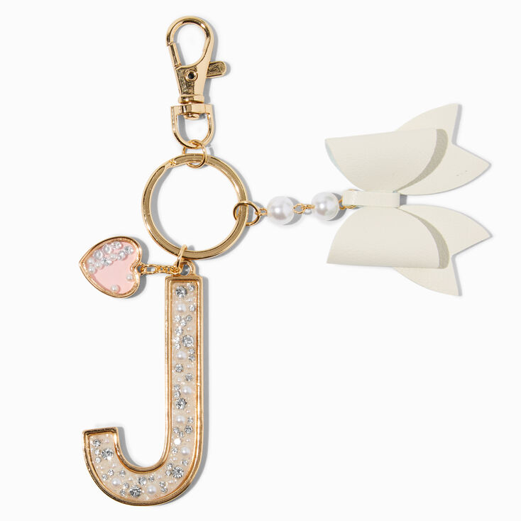 Pearl & Crystal Gold-tone Initial Keychain - J