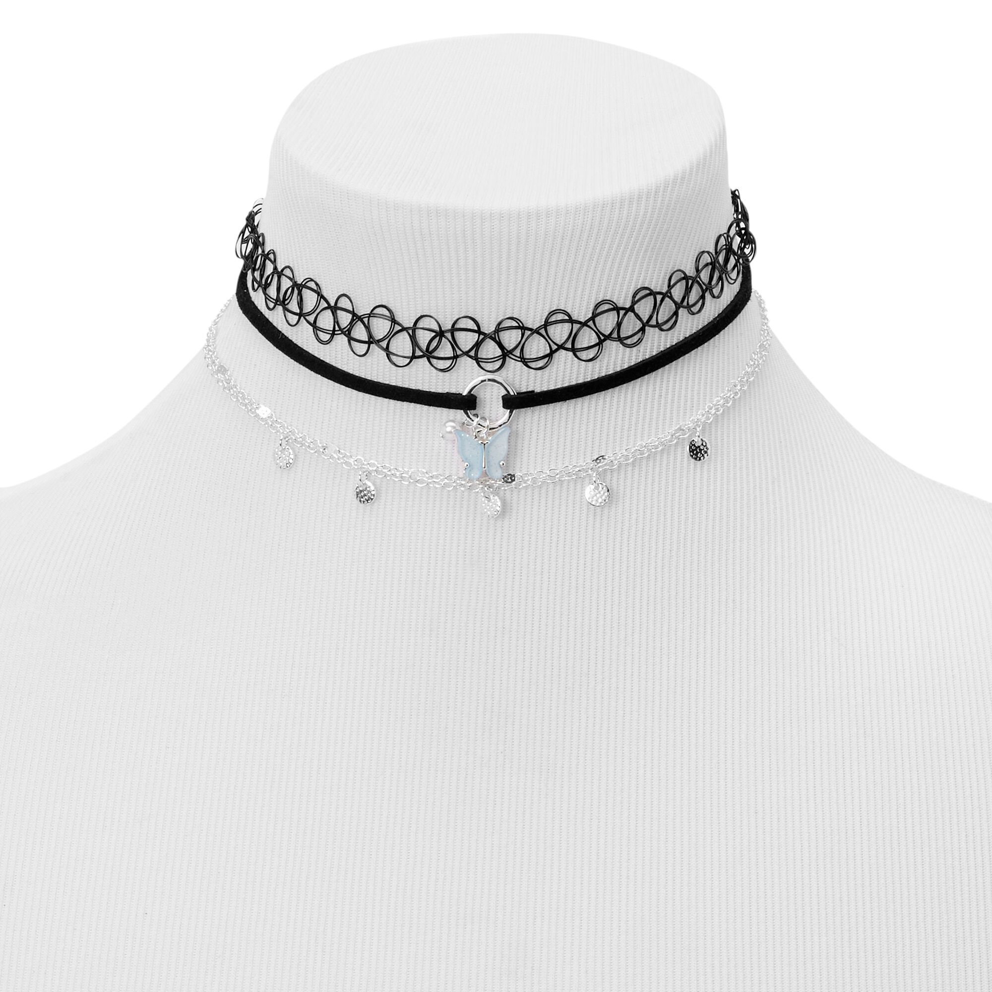 Silver Butterfly Charm Black Tattoo Choker Necklaces 3 Pack