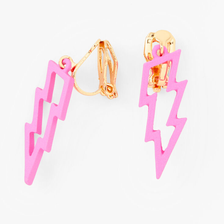 Pink Lightning Bolt Clip On Drop Earrings,