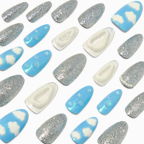 Blue Puffy Clouds Stiletto Vegan Faux Nail Set - 24 Pack,