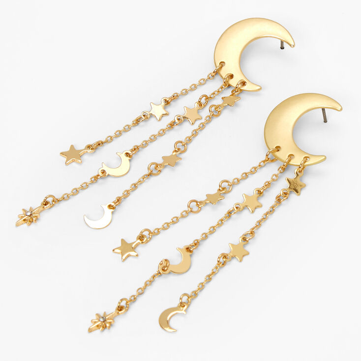 Gold 3.5&quot; Crescent Moon &amp; Stars Linear Drop Earrings,