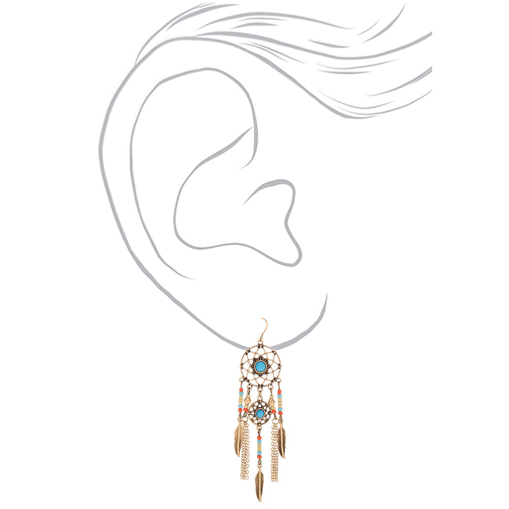 Gold 3" Beaded Dreamcatcher Drop Earrings - Blue,