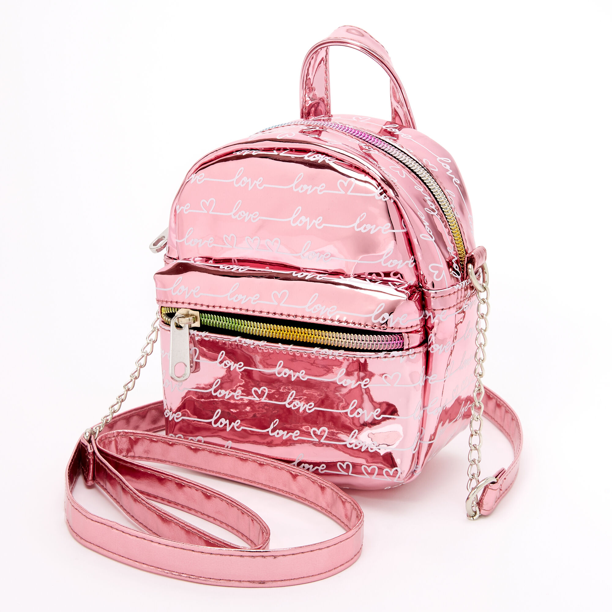 Metallic Love Script Mini Backpack Crossbody Bag Pink