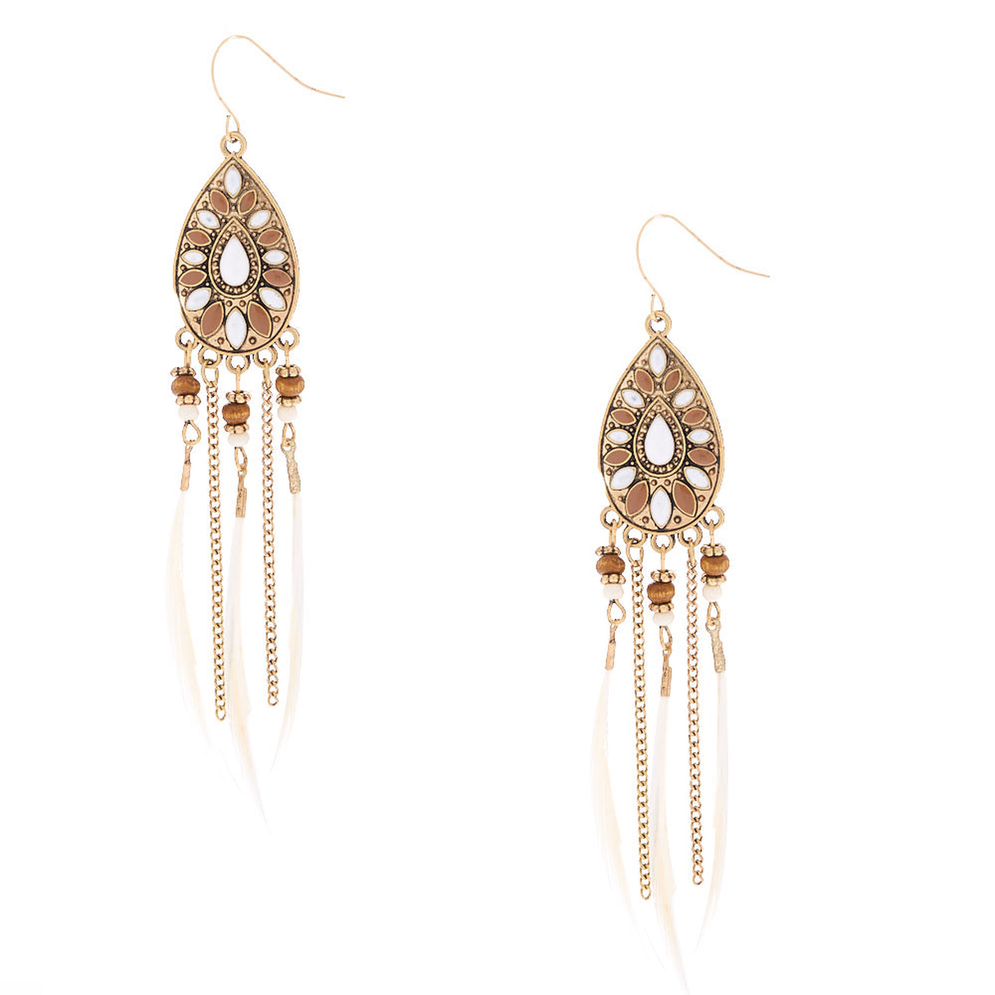 View Claires Gold 4 Beaded Feather Teardrop Drop Earrings White information
