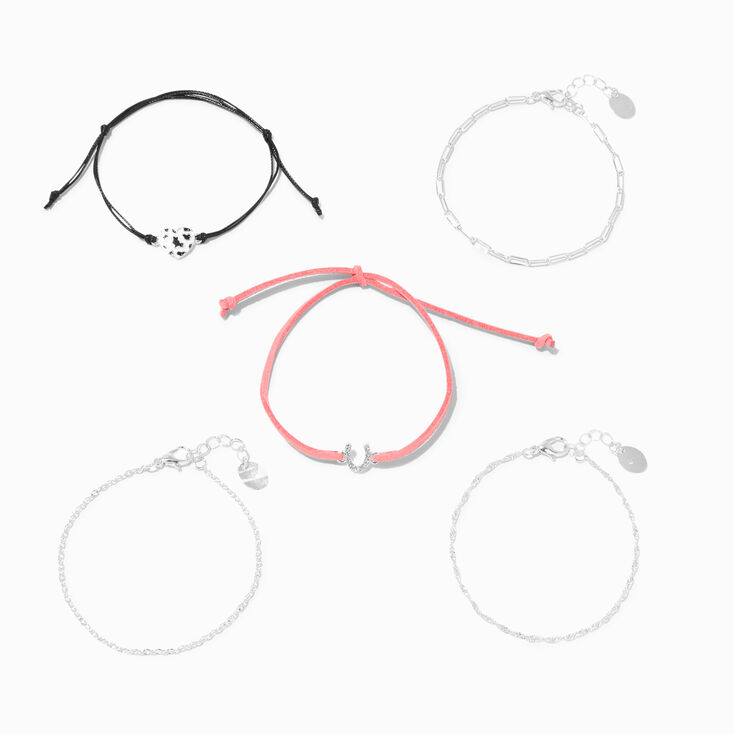 Silver Cowprint Heart Cowgirl Chain Bracelets - 5 Pack,