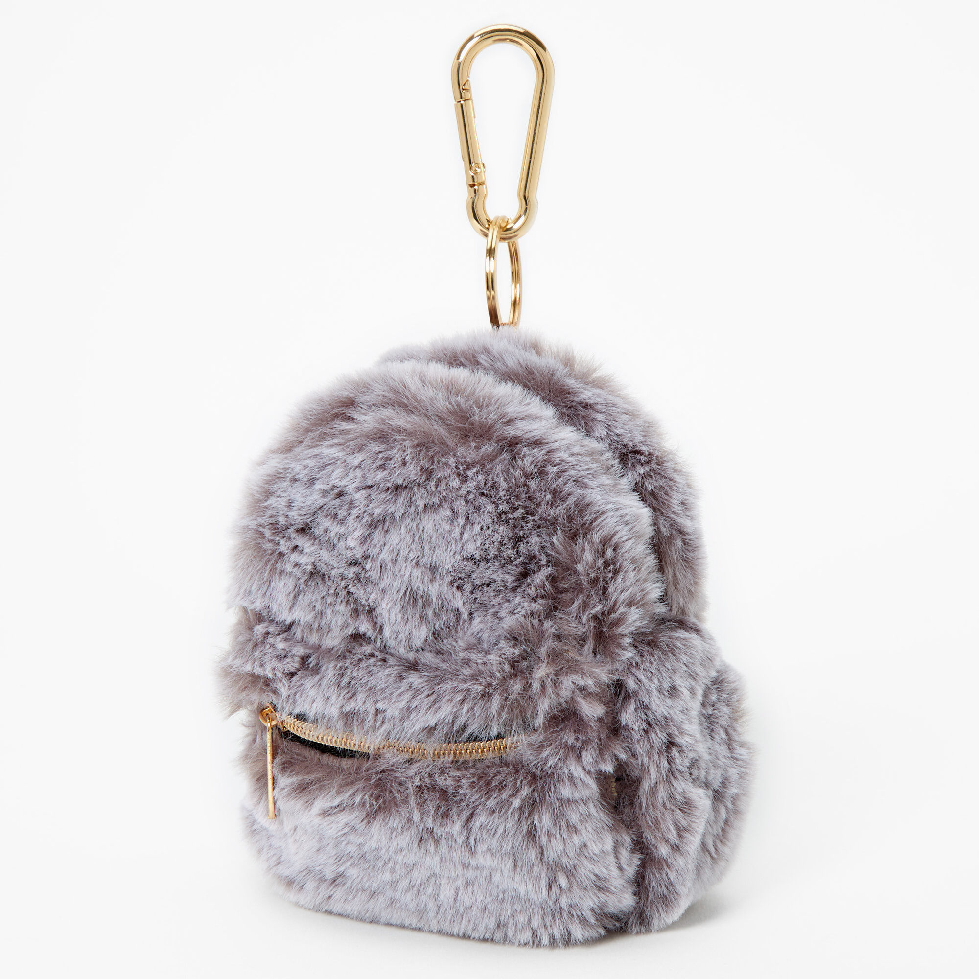 Claire's Porte-clés mini sac à dos en fausse fourrure - Gris