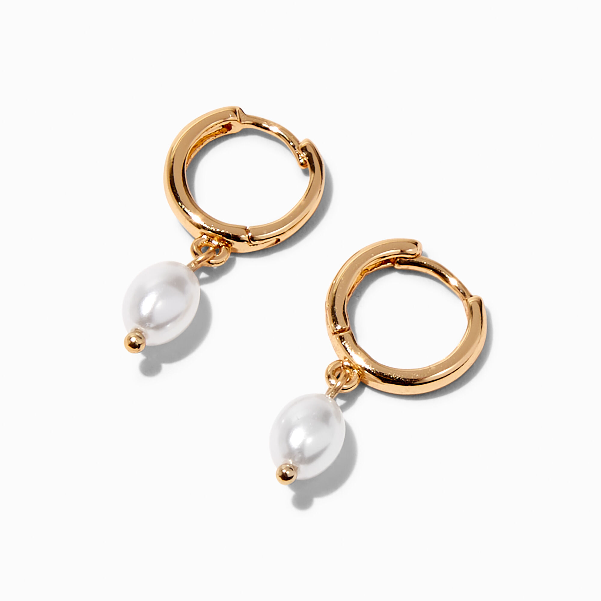 View Claires Tone 10MM Pearl Huggie Hoop Earrings Gold information