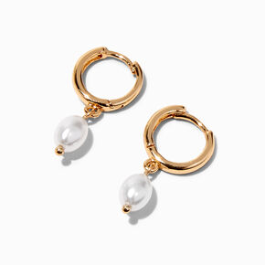 Gold 10MM Pearl Huggie Hoop Earrings,