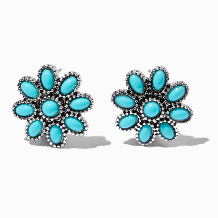 Clous d&#39;oreilles couleur argent&eacute;e cowgirl fleur turquoise d&#39;imitation,