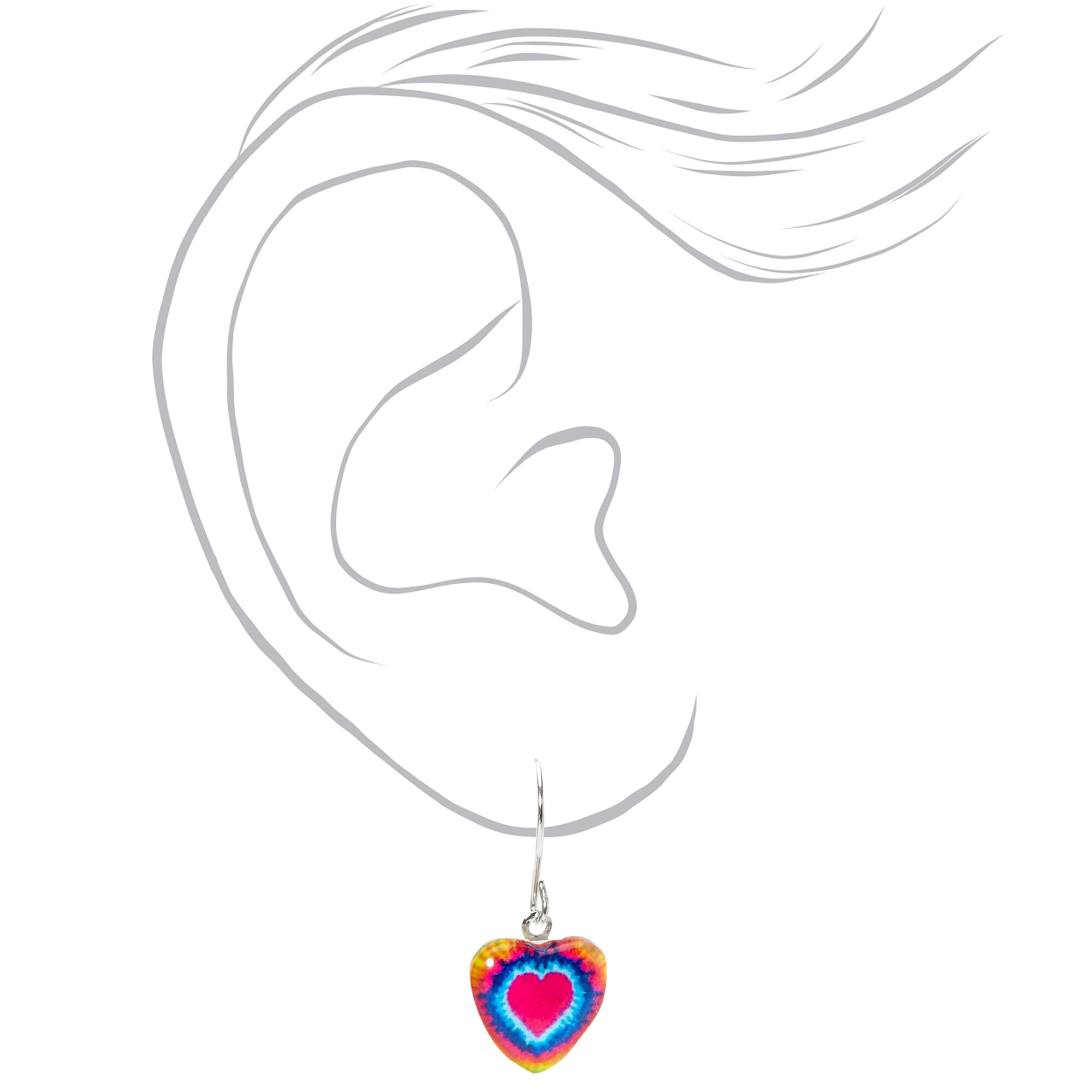 Silver 0.5" Neon Tie Dye Heart Drop Earrings,