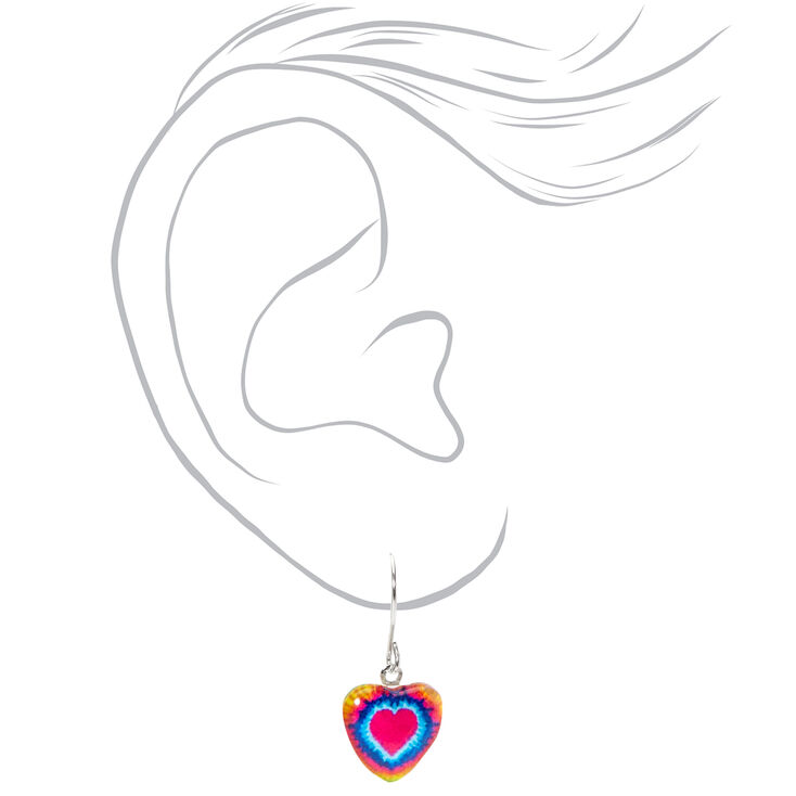 Silver 0.5&quot; Neon Tie Dye Heart Drop Earrings,