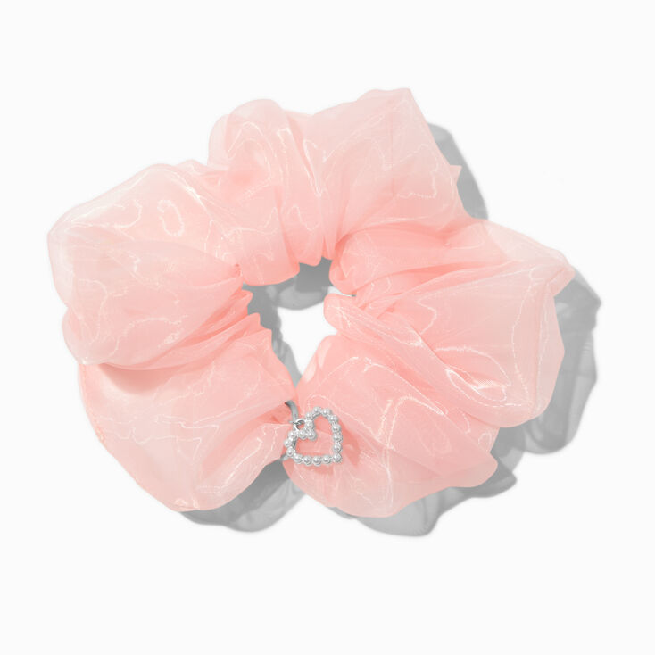 Light Pink Organza Heart Charm Hair Scrunchie,
