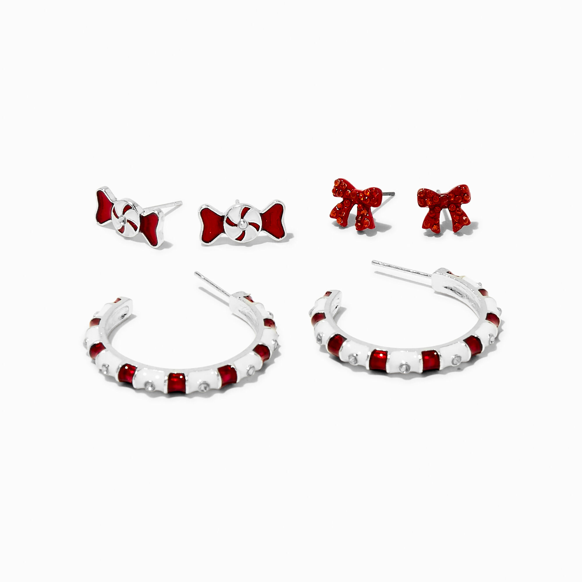 View Claires Peppermint Candy Bows Earring Set 3 Pack Red information