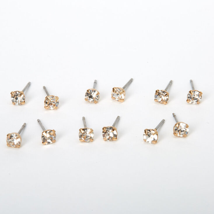 Gold 4MM Crystal Stud Earrings - 6 Pack,