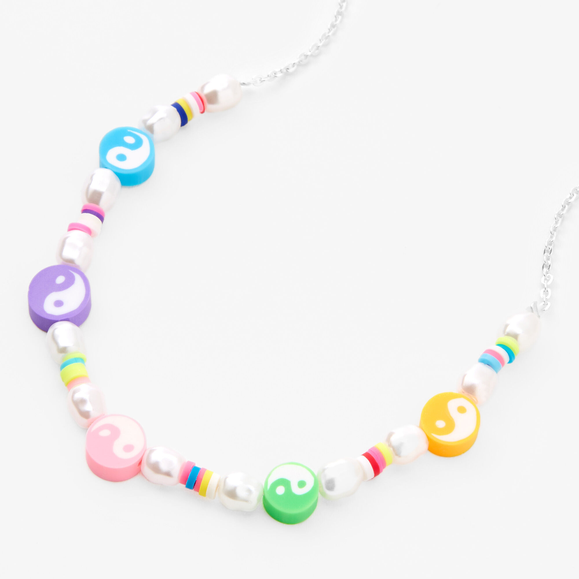 Silver Yin Yang 12" Beaded Necklace,