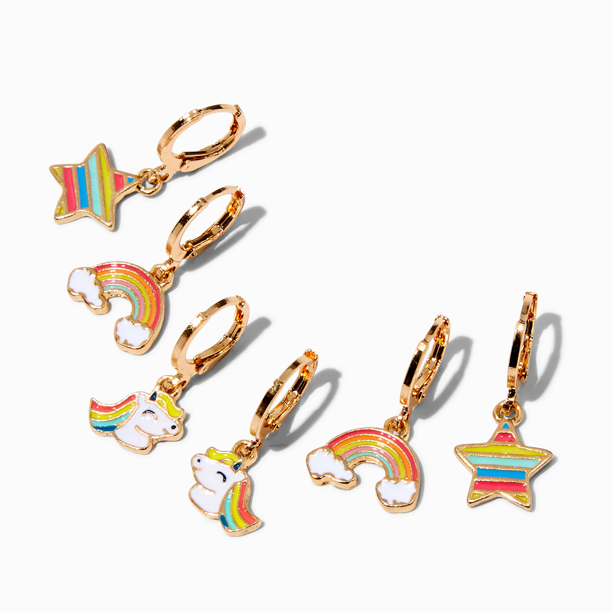 View Claires Tone Rainbow Unicorn Huggie Hoop Stackable Earrings 3 Pack Gold information