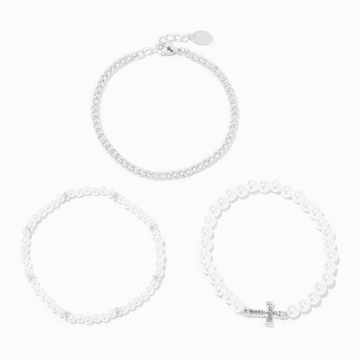 White Pearl Beaded &amp; Cross  Bracelet Set - 3 Pack,