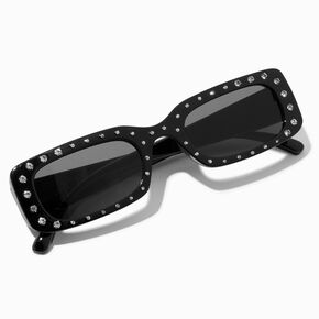 Rhinestone Studded Black Rectangular Sunglasses,