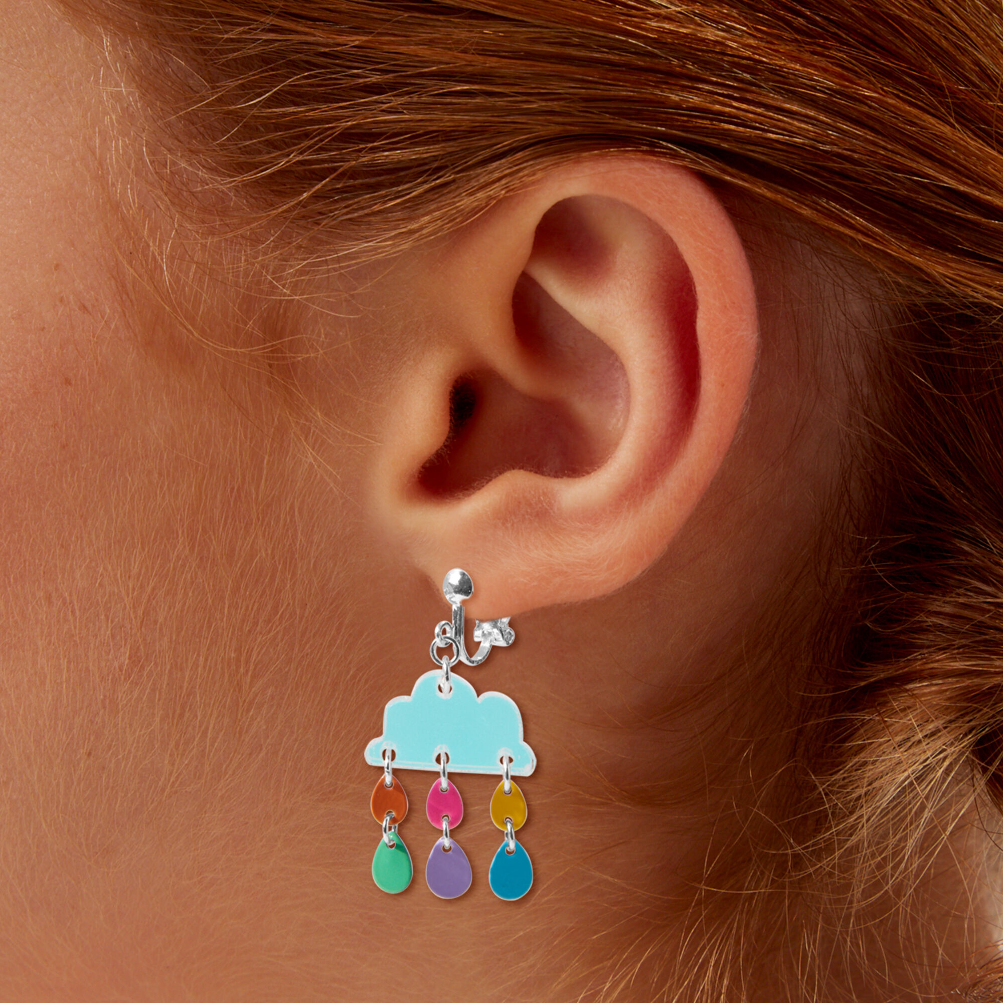 Rainbow Cloud 1" Clip-On Drop Earrings ,