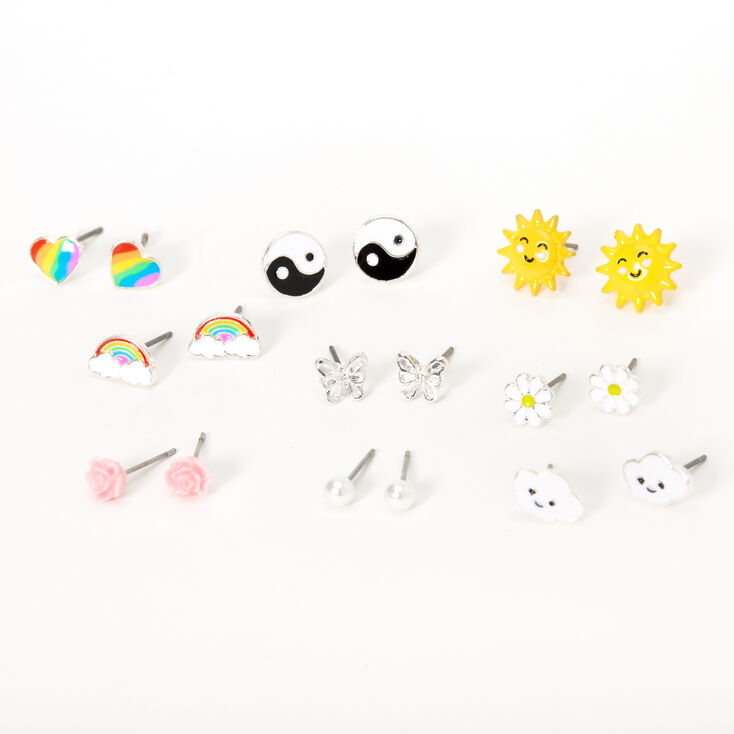 Clous d&#39;oreilles ondes positives et rayons de soleil couleur argent&eacute;e - Lot de 9,
