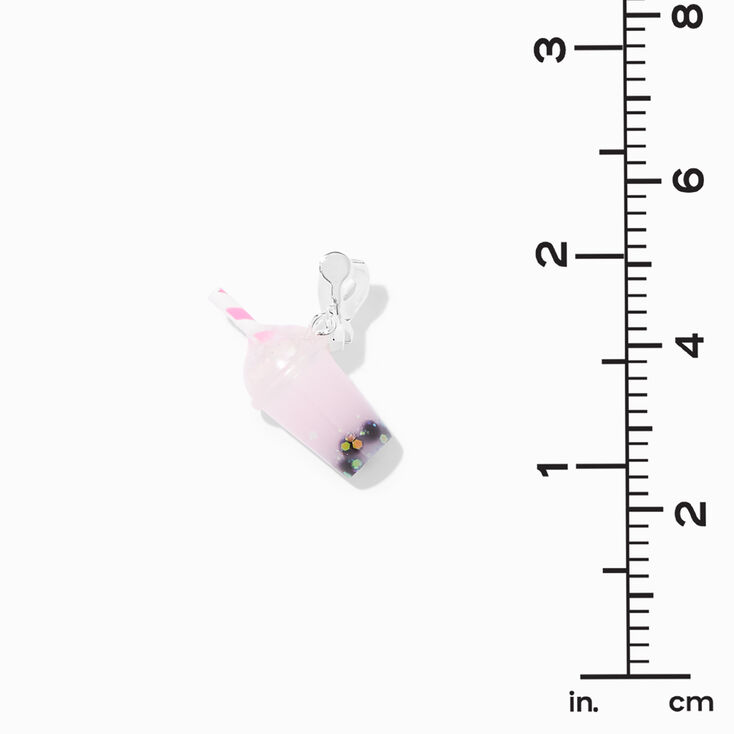 Silver 0.5&quot; Pink Bubble Tea Clip On Drop Earrings,