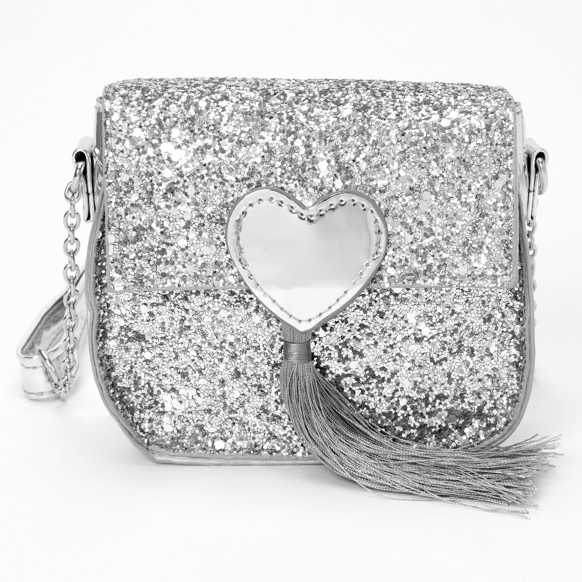 Claire's Club Glitter Heart Crossbody Bag - Silver,