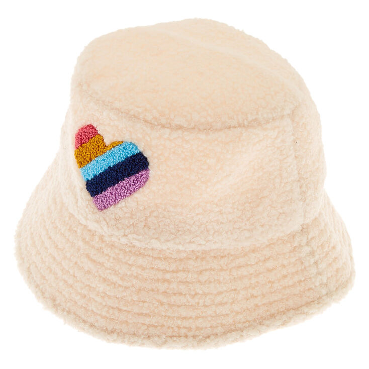 Sherpa Rainbow Heart Bucket Hat - Cream,