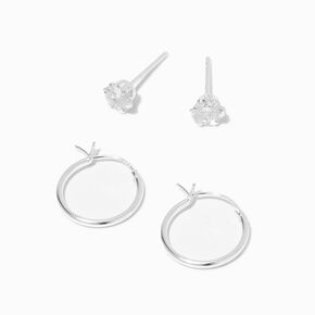 C LUXE by Claire&#39;s Sterling Silver Cubic Zirconia 5MM Round Stud &amp; 14MM Hoop Earrings,