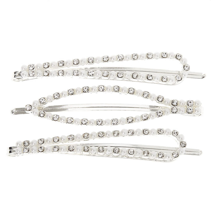 Silver Rhinestone Pearl Oval Bobby Pins - 3 Pack,
