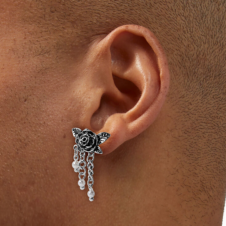 Carved Rose &amp; Pearl Chains Drop Earrings ,