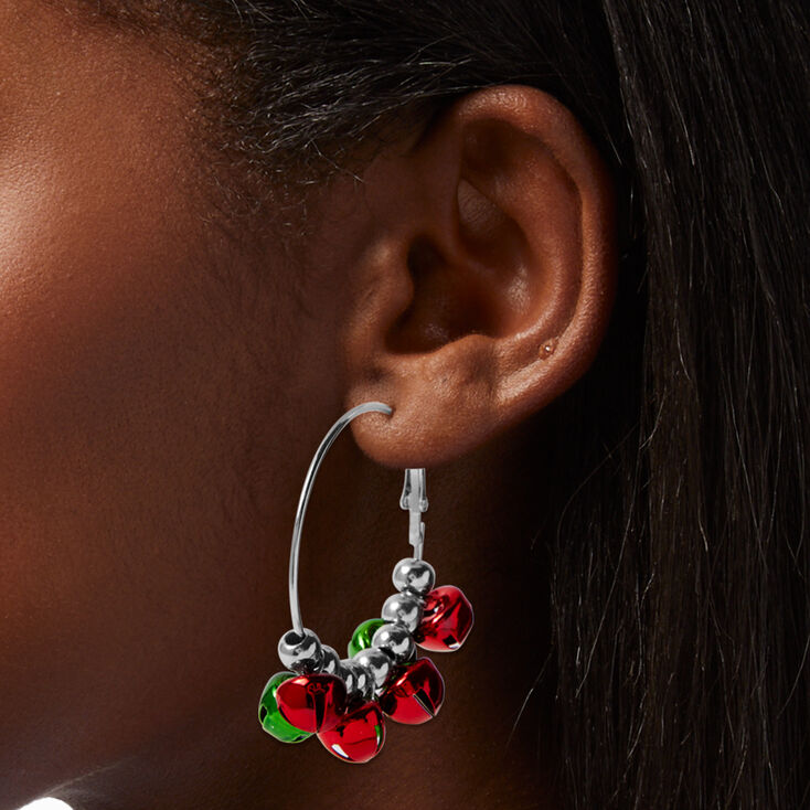 Christmas Jingle Bells 50MM Silver-tone Hoop Earrings,