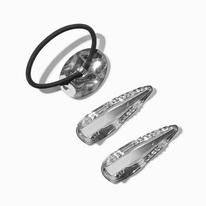 Silver Hammered Snap Hair Clips &amp; Hair Tie - 3 Pack ,