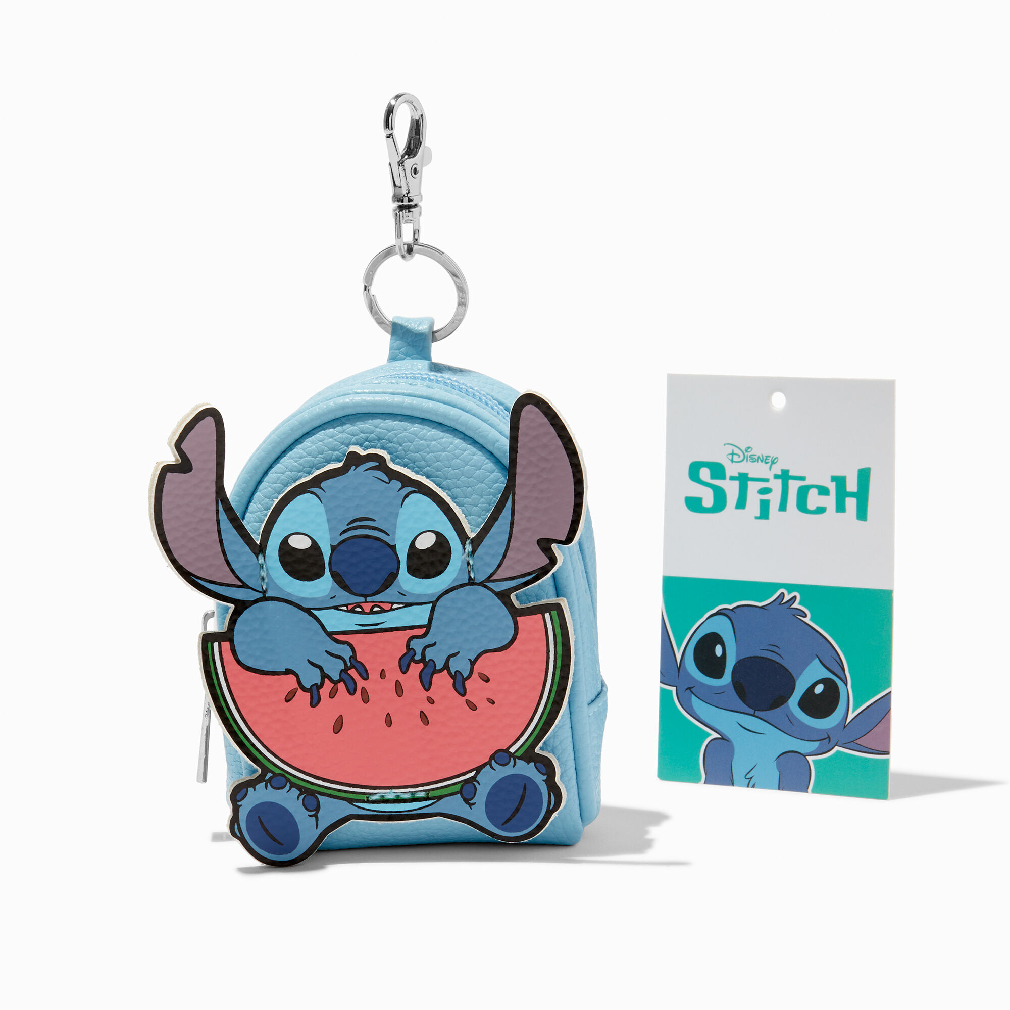 View Claires Disney Stitch Watermelon Mini Backpack Keyring Silver information