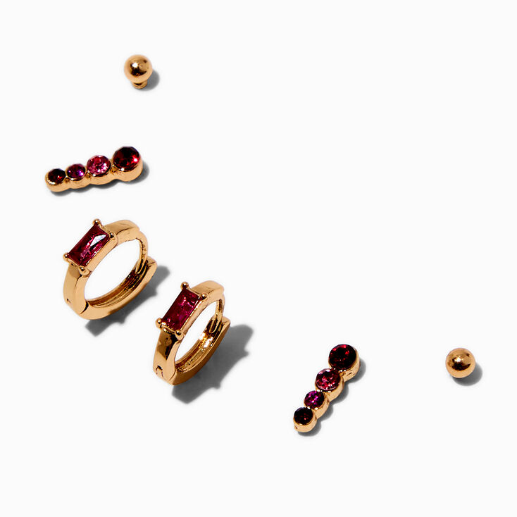 Gold-tone Red Cubic Zirconia Earring Stackables Set - 3 Pack
