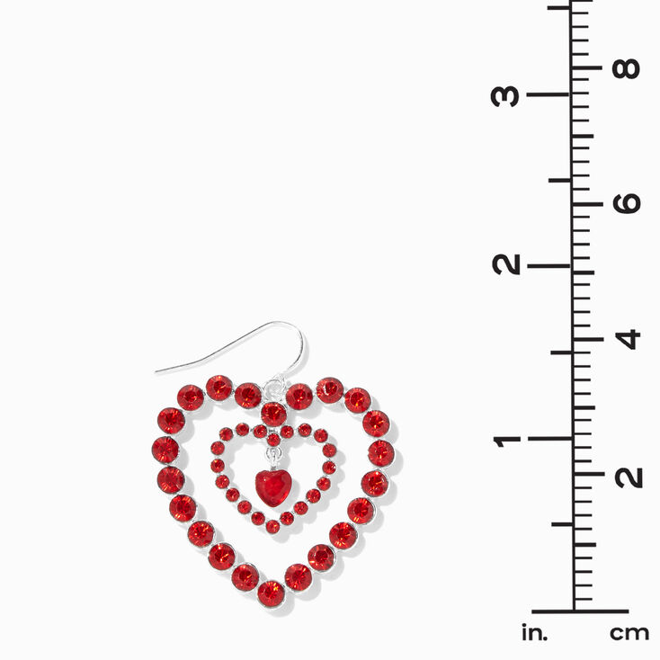 Red Rhinestone Triple Heart 1.5&quot; Drop Earrings,