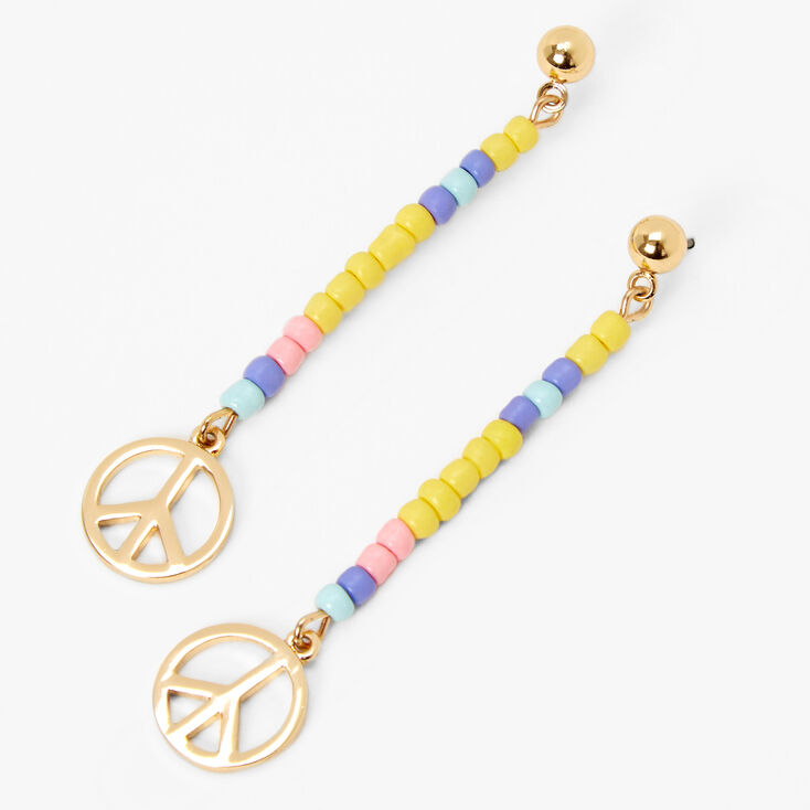 Gold Peace Sign Beaded 2&quot; Drop Earrings,