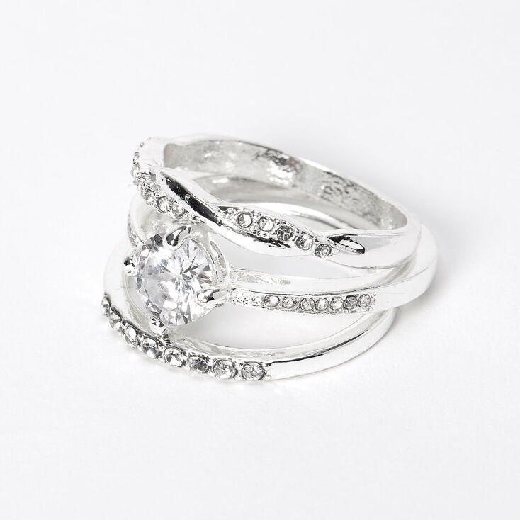 Silver Cubic Zirconia Stone Twisted Rings - 3 Pack,