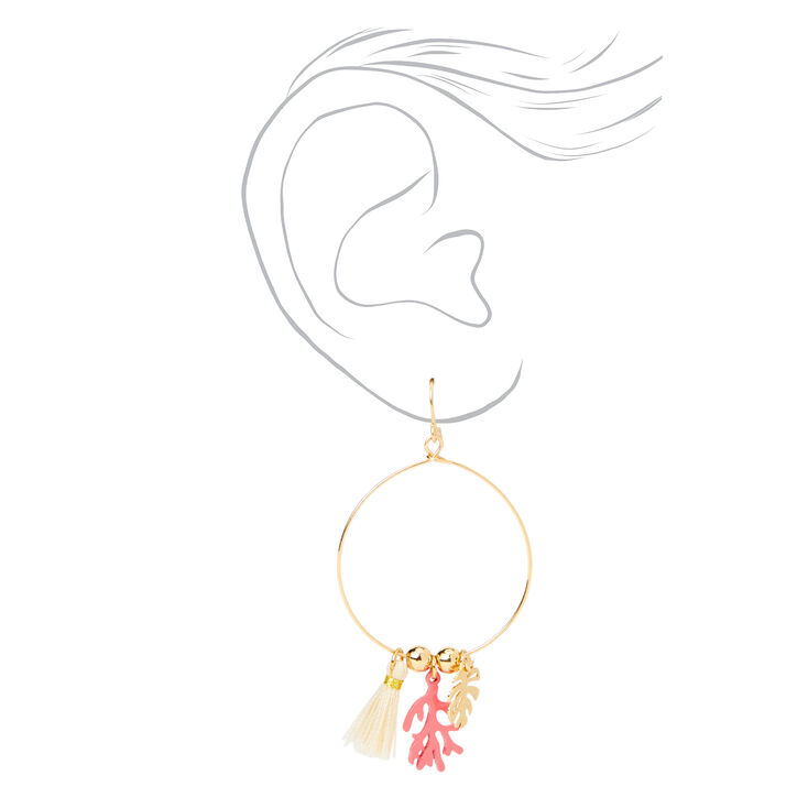 Gold Coral Palm Tassel Charms 2&quot; Hoop Earrings,