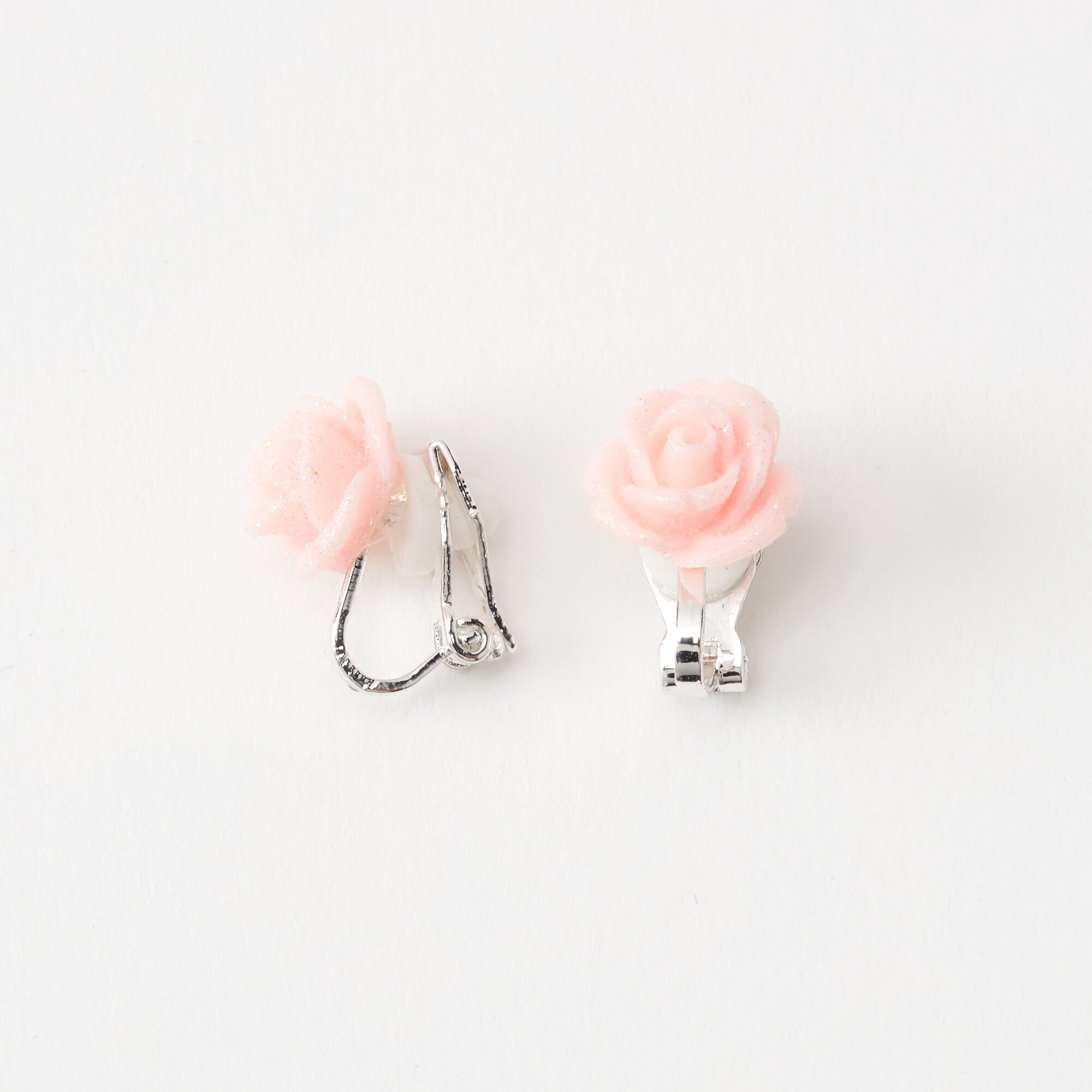 View Claires Silver Glitter Rose Clip On Stud Earrings Pink information
