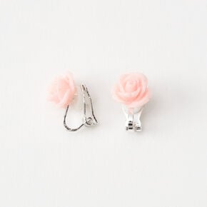 Silver Glitter Rose Clip On Stud Earrings - Pink,