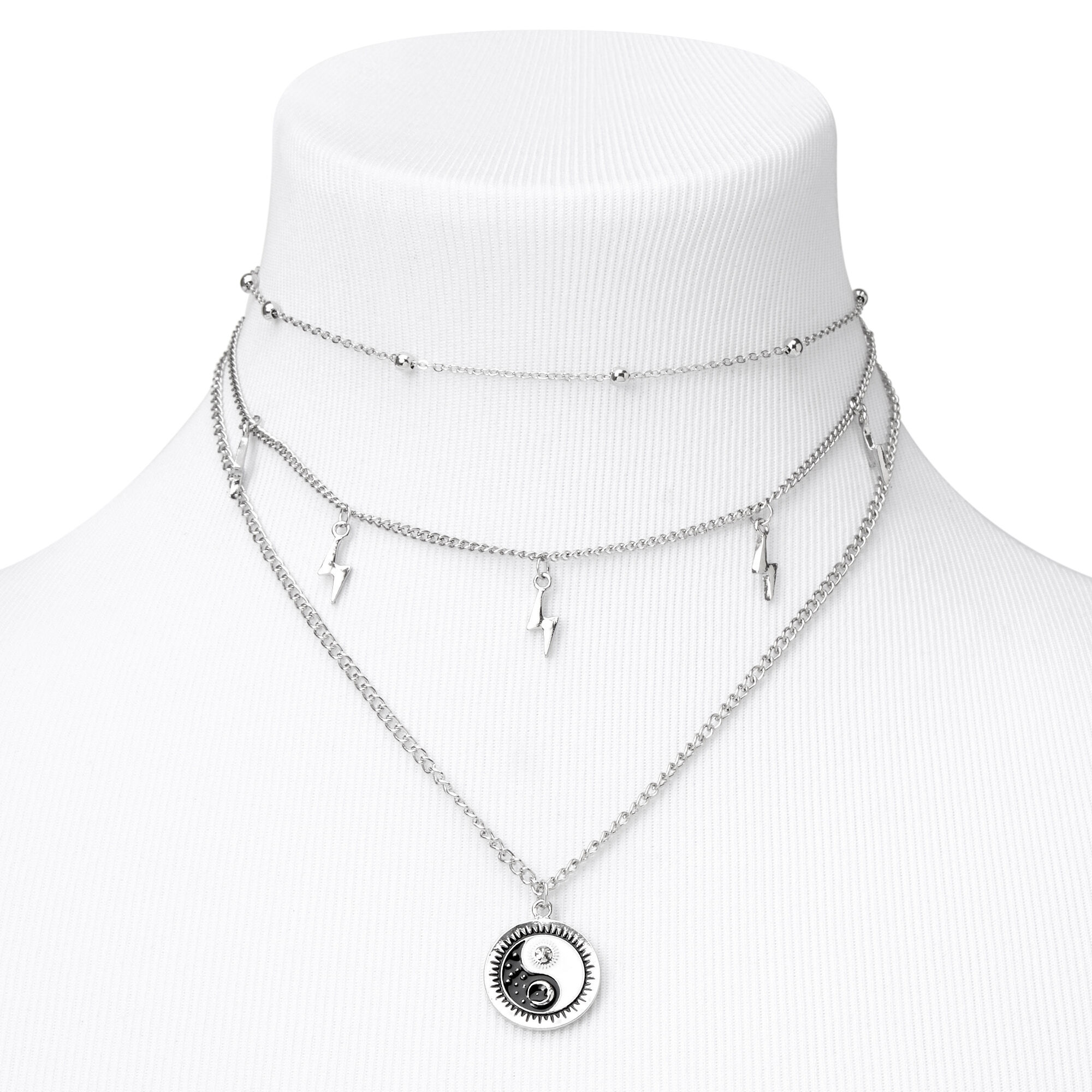 Silver Lightning Bolt Yin Yang Multi Strand Choker Necklace,