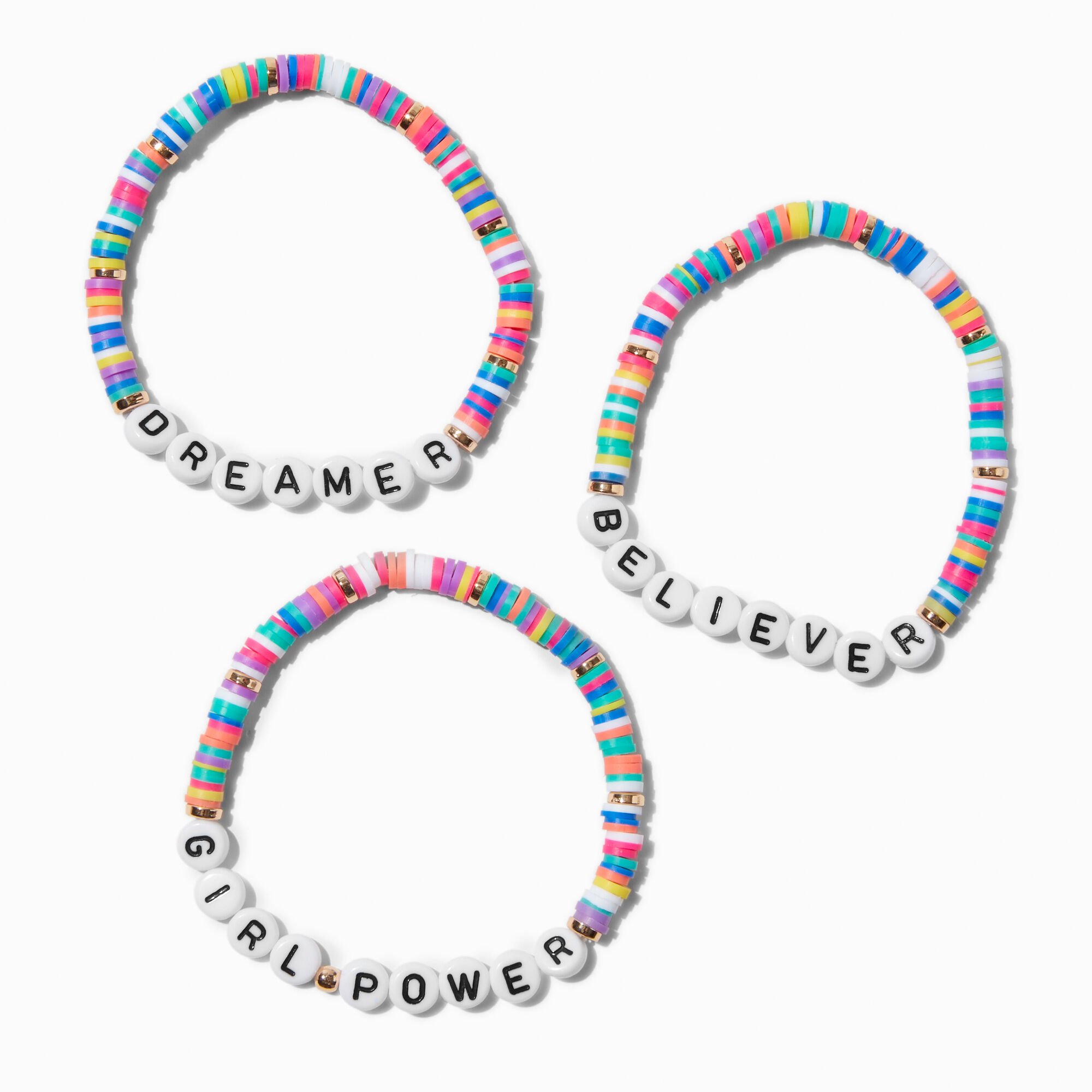 View Claires Club Inspirational Words Fimo Clay Stretch Bracelets 3 Pack Rainbow information