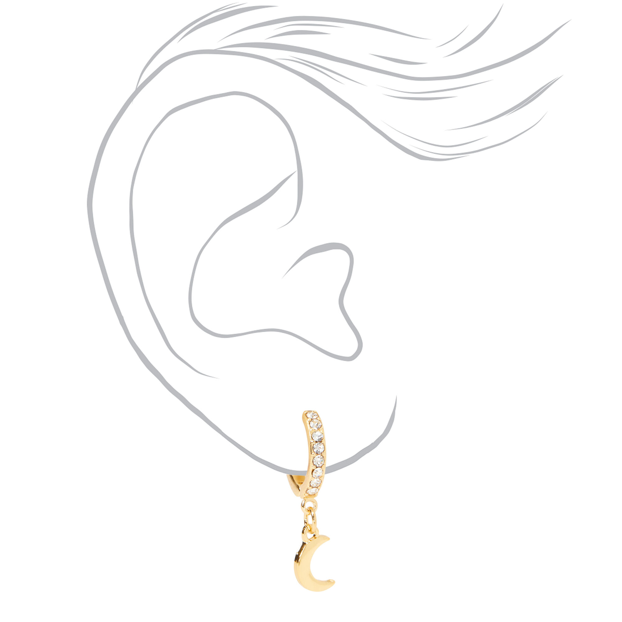 Boucles d'oreilles huggies croissant de lune en strass 15 mm couleur dorée,